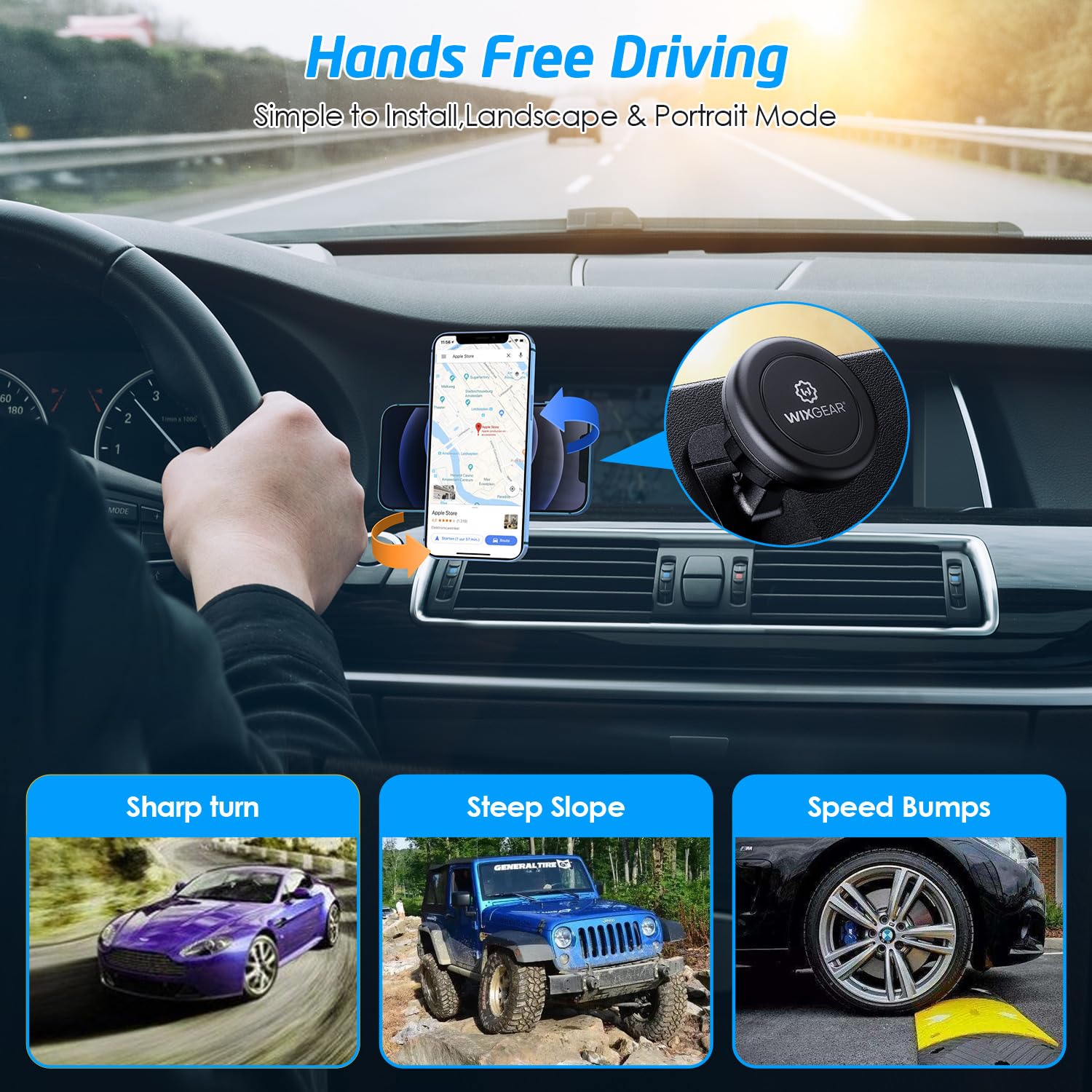 WixGear escena lifestyle en coche mostrando uso cómodo y seguro durante la conducción