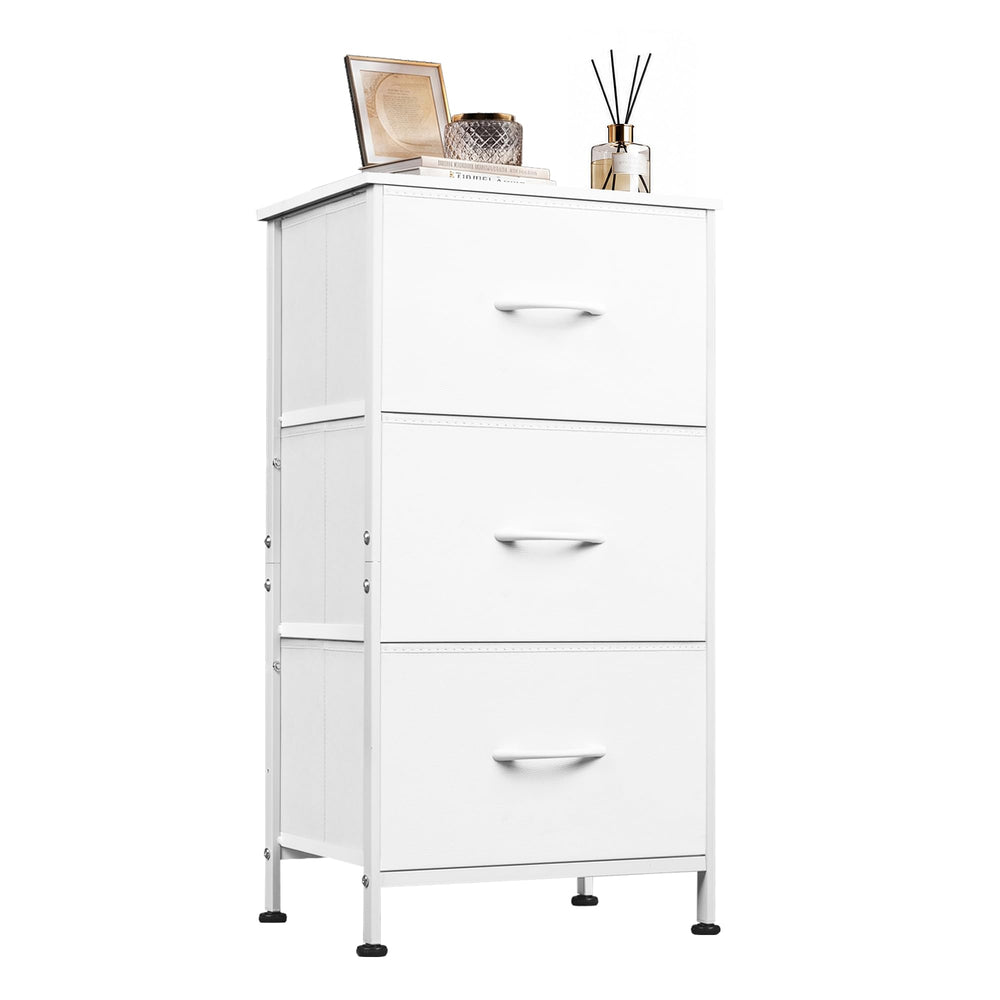 WLIVE vista frontal de mesita blanca con 3 cajones, almacenamiento compacto
