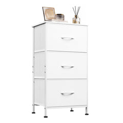WLIVE vista frontal de mesita blanca con 3 cajones, almacenamiento compacto
