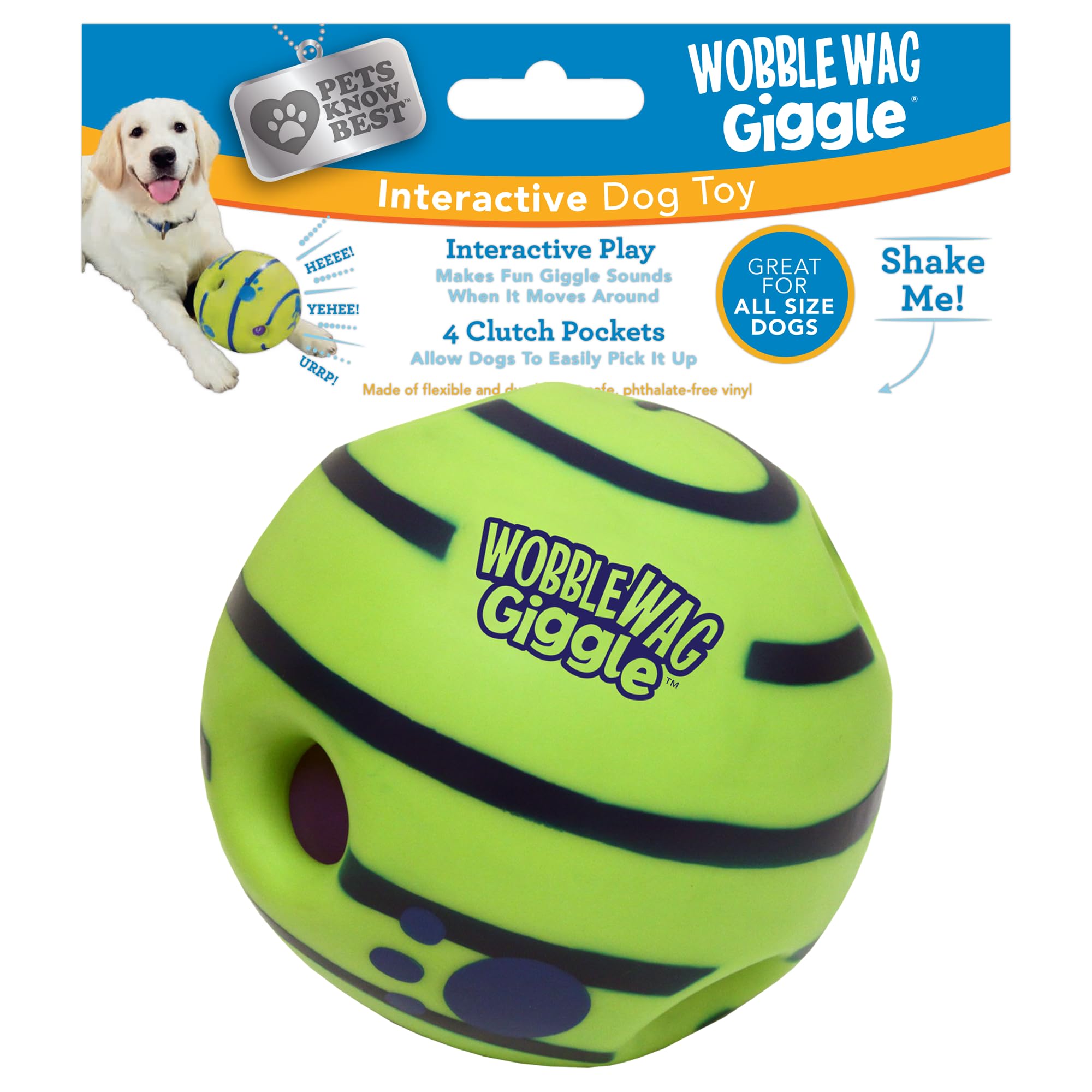 Wobble Wag Giggle vista frontal del paquete mostrando el juguete y beneficio entretenimiento