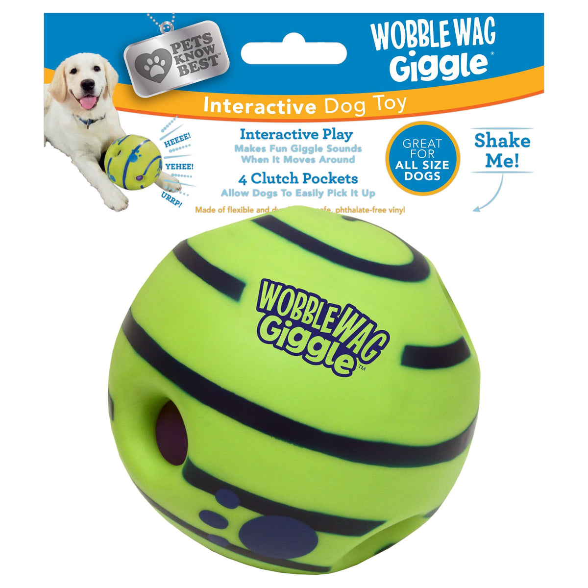 Wobble Wag Giggle vista frontal del paquete mostrando el juguete y beneficio entretenimiento