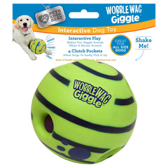 Wobble Wag Giggle vista frontal del paquete mostrando el juguete y beneficio entretenimiento