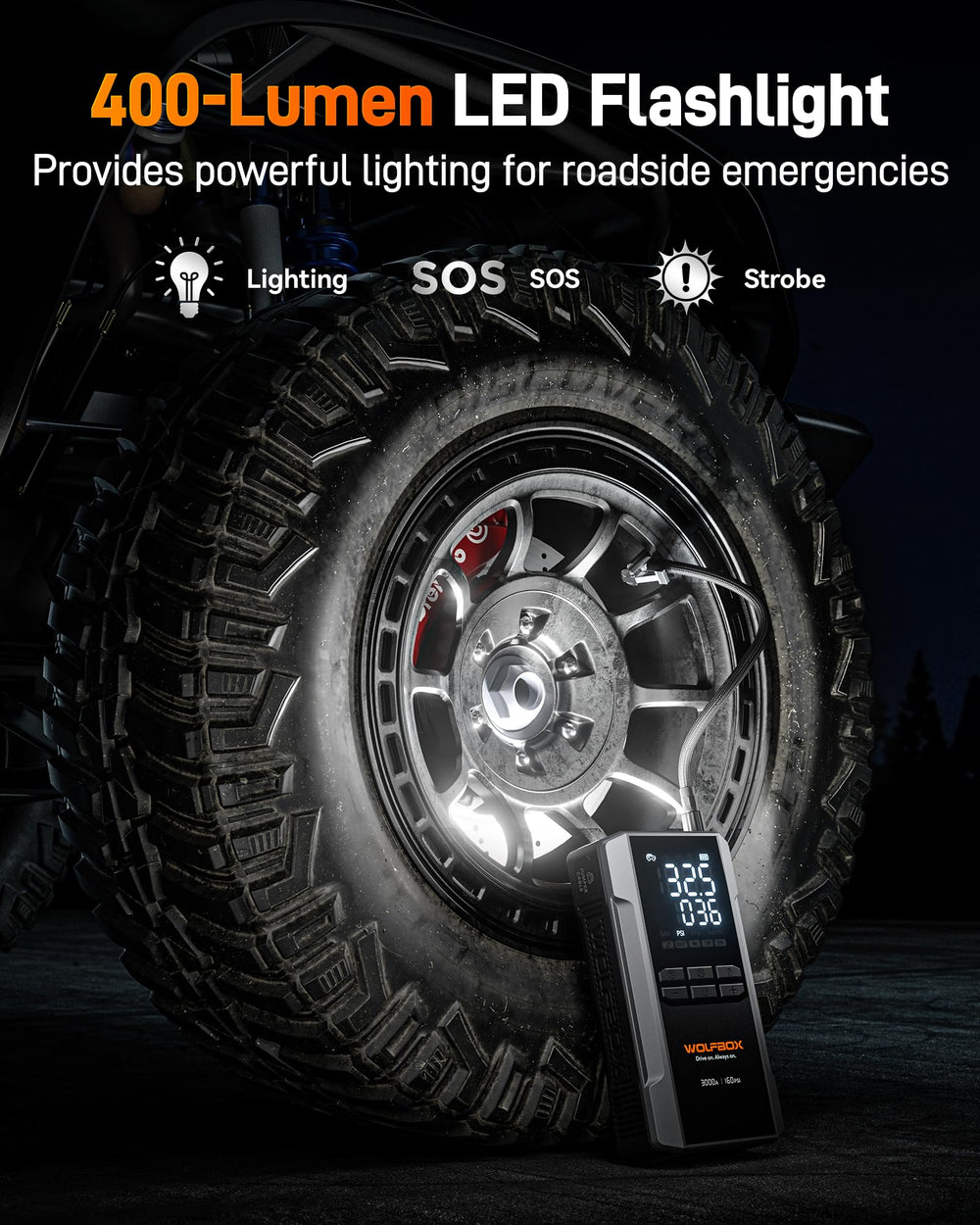 WOLFBOX MV16A inflando neumático de pickup, reduce tiempo de espera en ruta