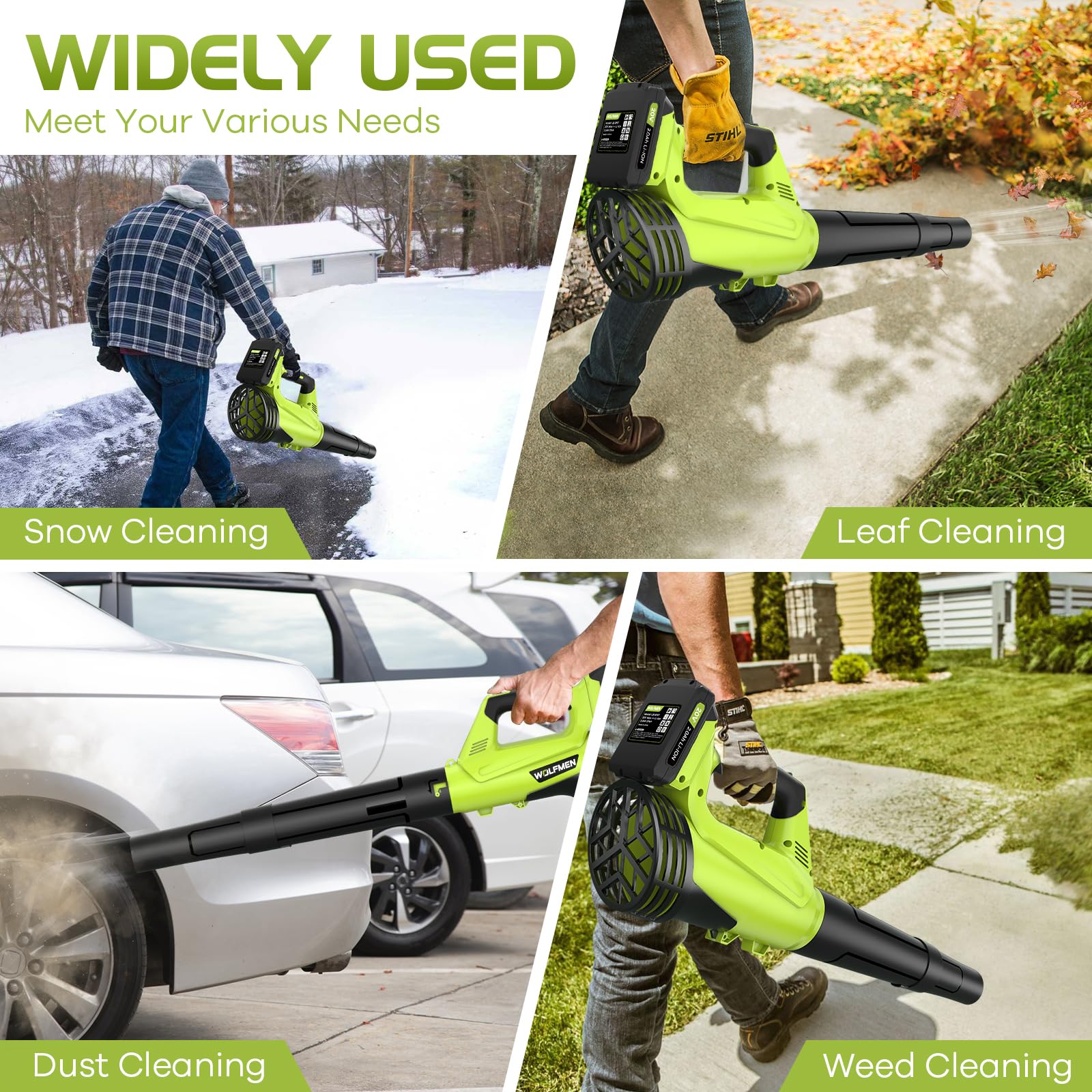 WOLFMEN clearing garage dust demonstrating efficient indoor and outdoor use