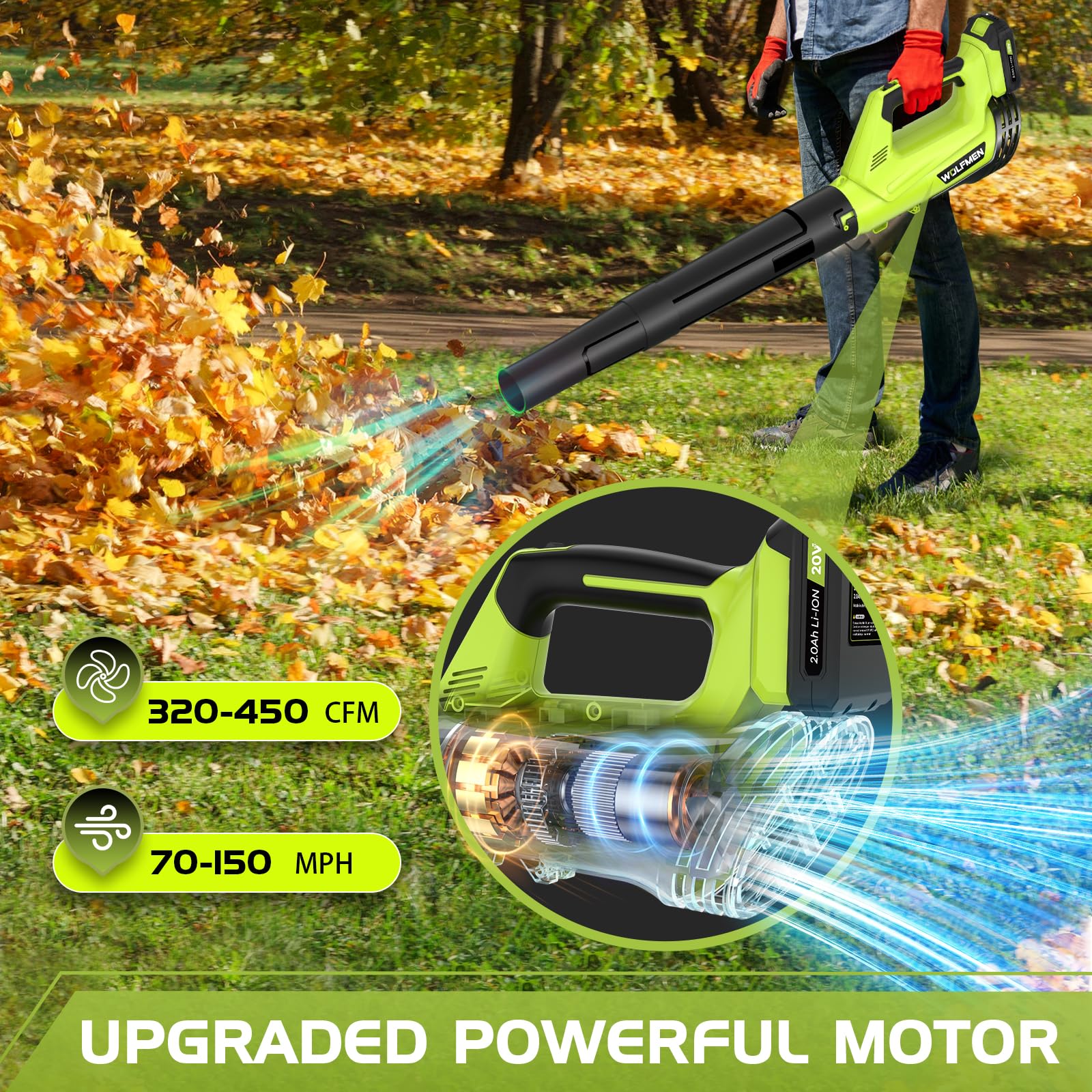 WOLFMEN blower in use clearing leaves from a patio for faster cleanup
