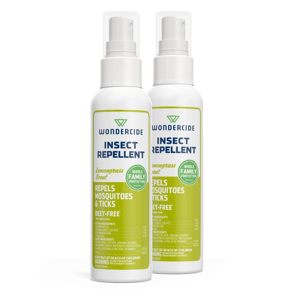 Wondercide lemongrass front packaging showing two 4 oz bottles and benefits