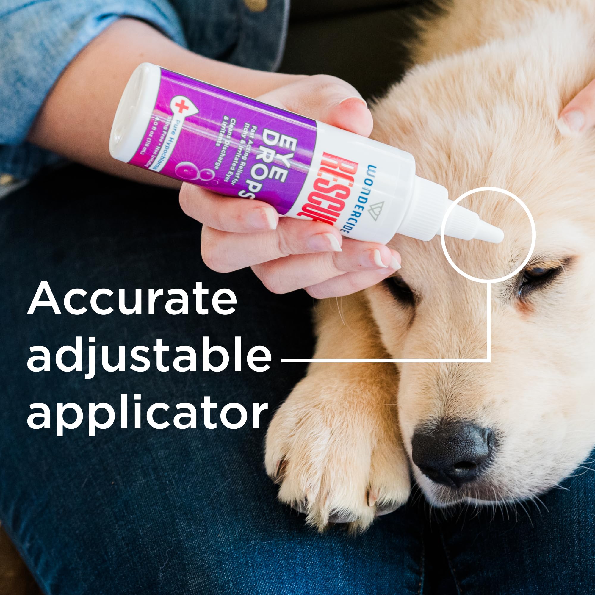 Wondercide aplicación en perro calmando ojos con limpieza efectiva