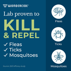 Wondercide bottle spray in hand demonstrating easy application for pets