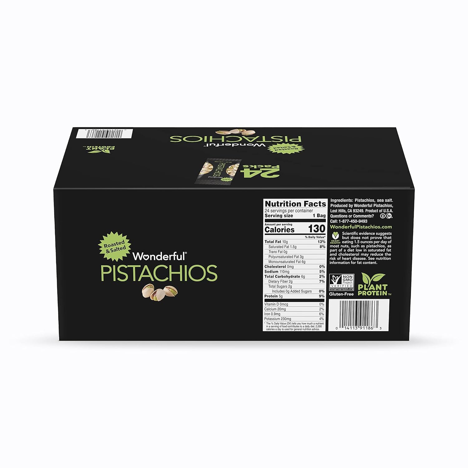 Wonderful Pistachios disposición de 24 bolsas mostrando paquete completo