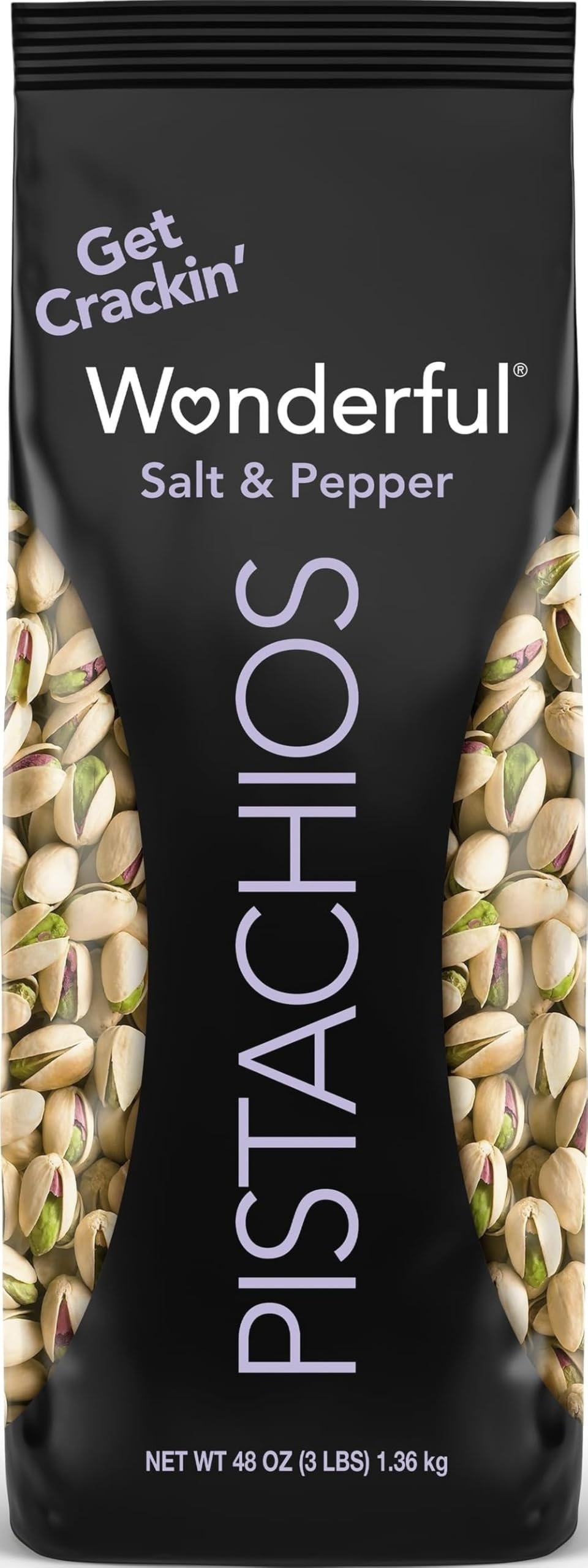 Wonderful Pistachios bolsa frontal mostrando el tamaño grande y el sabor Salt & Pepper