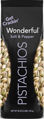 Wonderful Pistachios bolsa frontal mostrando el tamaño grande y el sabor Salt & Pepper