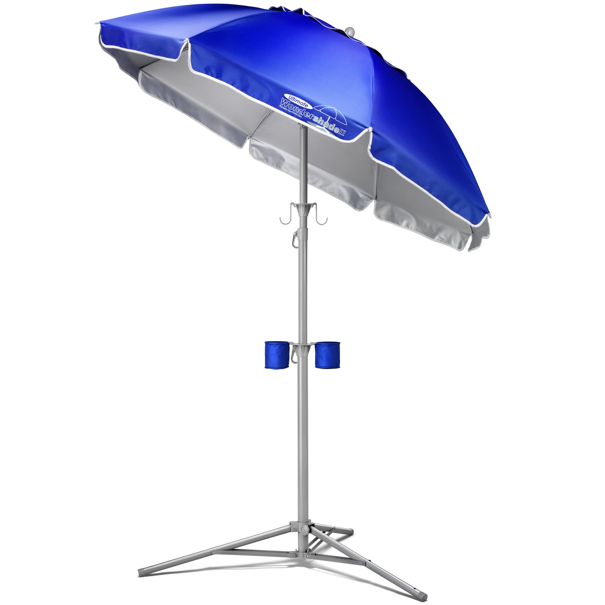 Wondershade vista frontal del parasol azul mostrando cobertura y diseño, protección solar