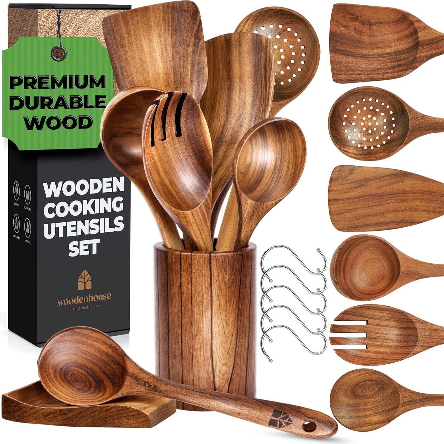 Woodenhouse set frontal mostrando 8 piezas y soporte, aporta organización práctica