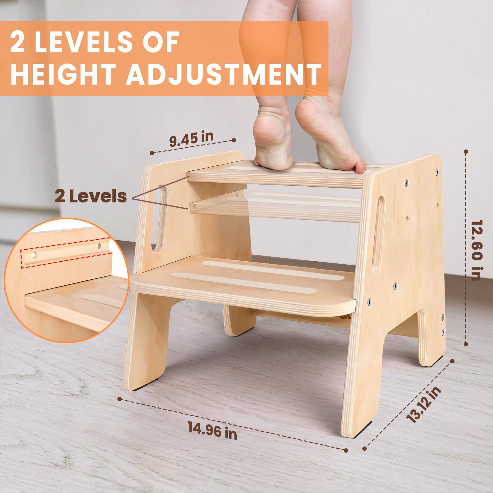 Woodure vista de los peldaños ajustables que permiten adaptar altura