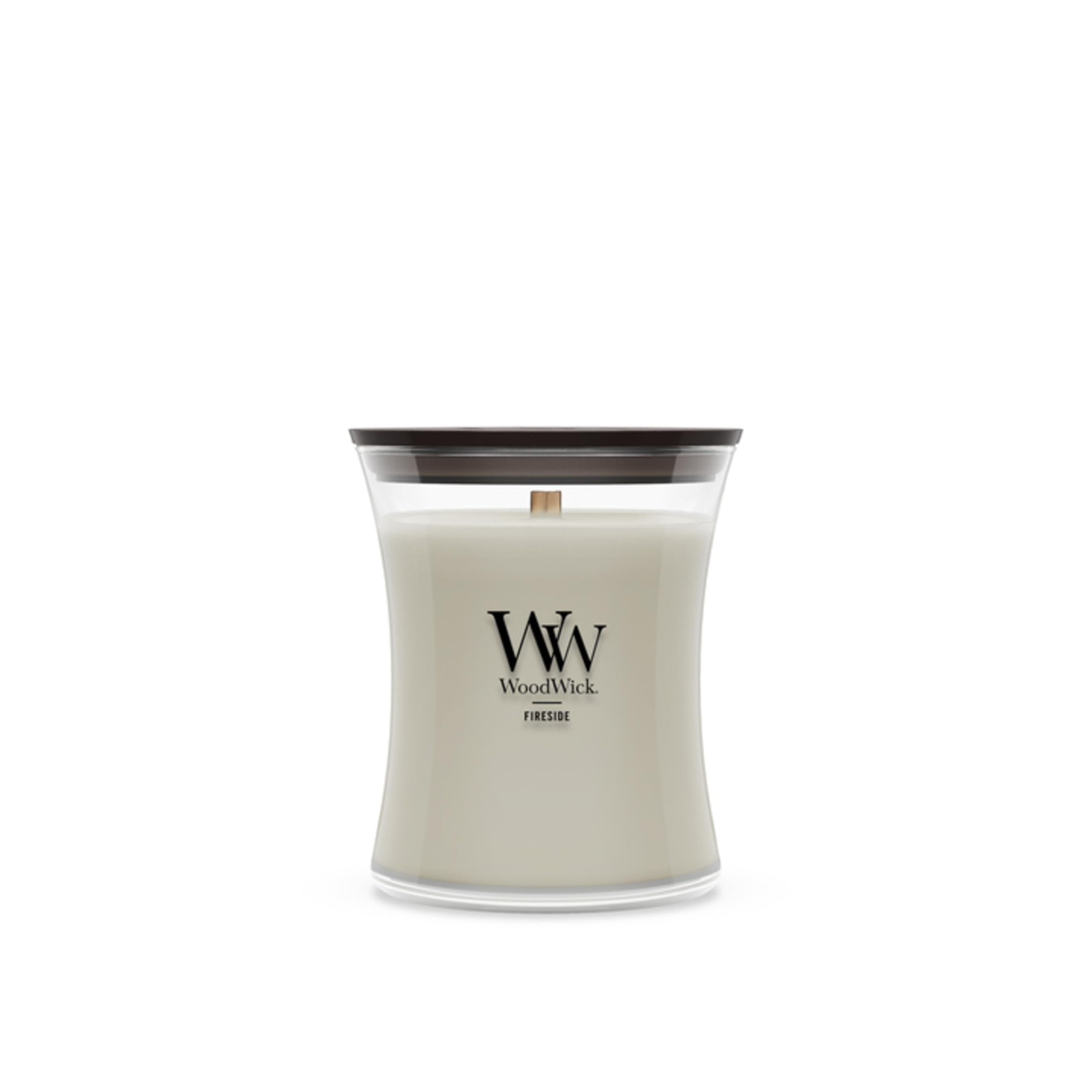 WoodWick Fireside frontal del envase mostrando diseño y tamaño