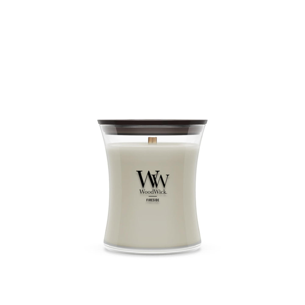 WoodWick Fireside frontal del envase mostrando diseño y tamaño