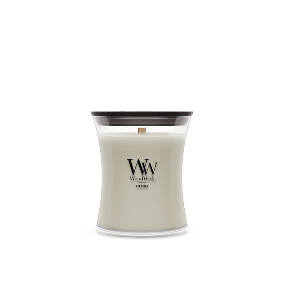 WoodWick Fireside frontal del envase mostrando diseño y tamaño