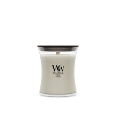 WoodWick Fireside frontal del envase mostrando diseño y tamaño