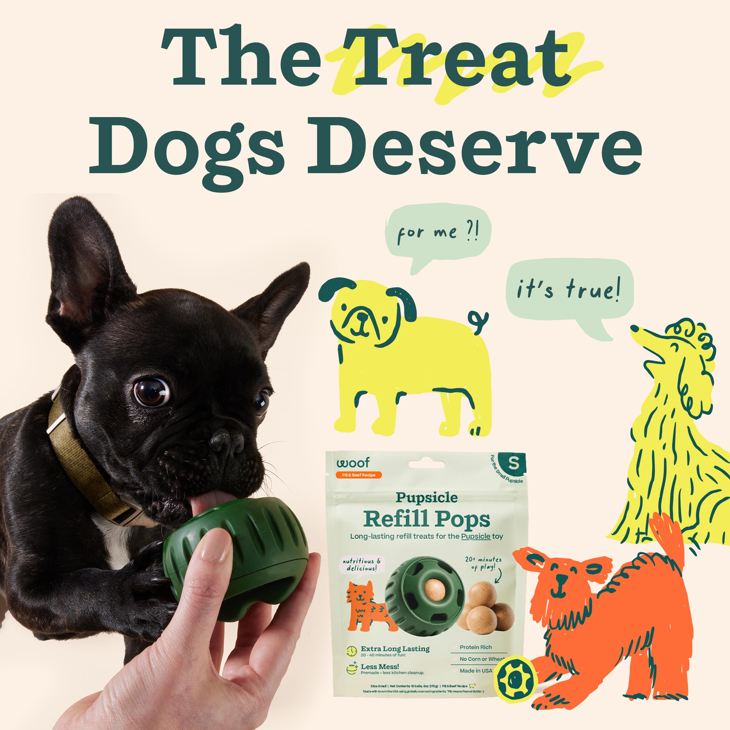WOOF caja abierta enseñando los 10 pops listos para usar y organización fácil