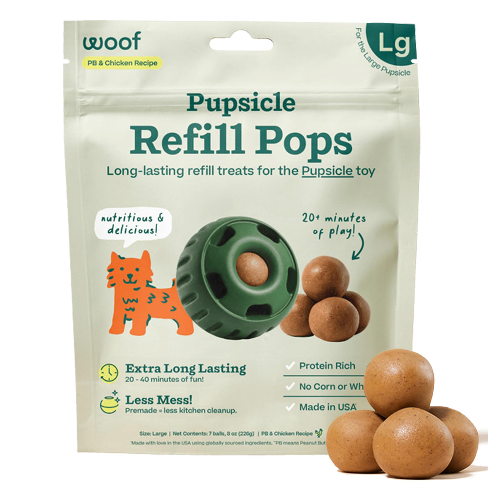 WOOF caja frontal del producto mostrando 7 pops listos para usar y conveniencia