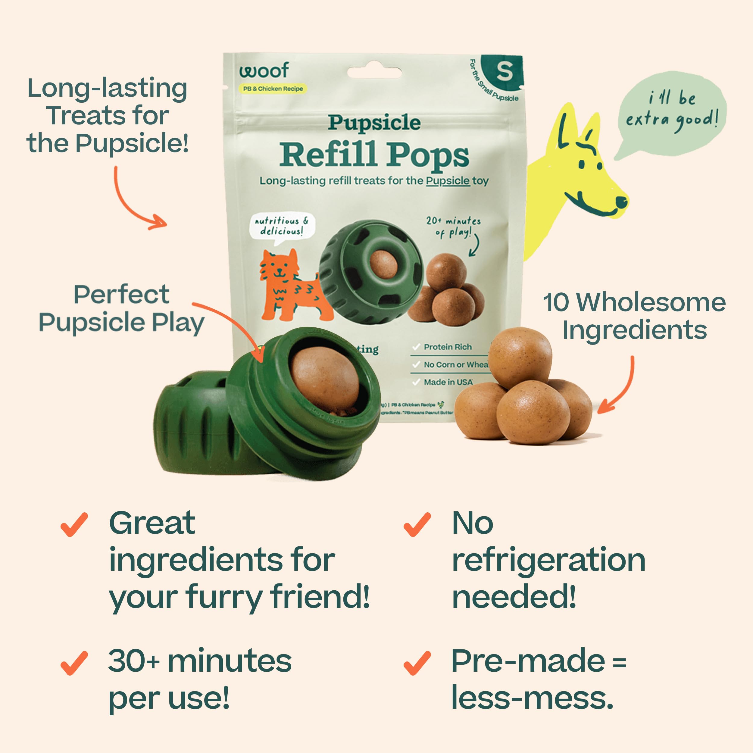 WOOF paleta colocada en el juguete Pupsicle, prolonga el entretenimiento