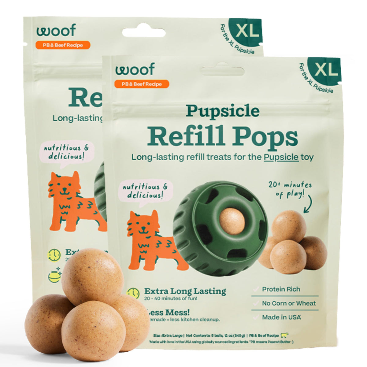 WOOF empaque frontal mostrando dos recargas listas para usar y conveniencia