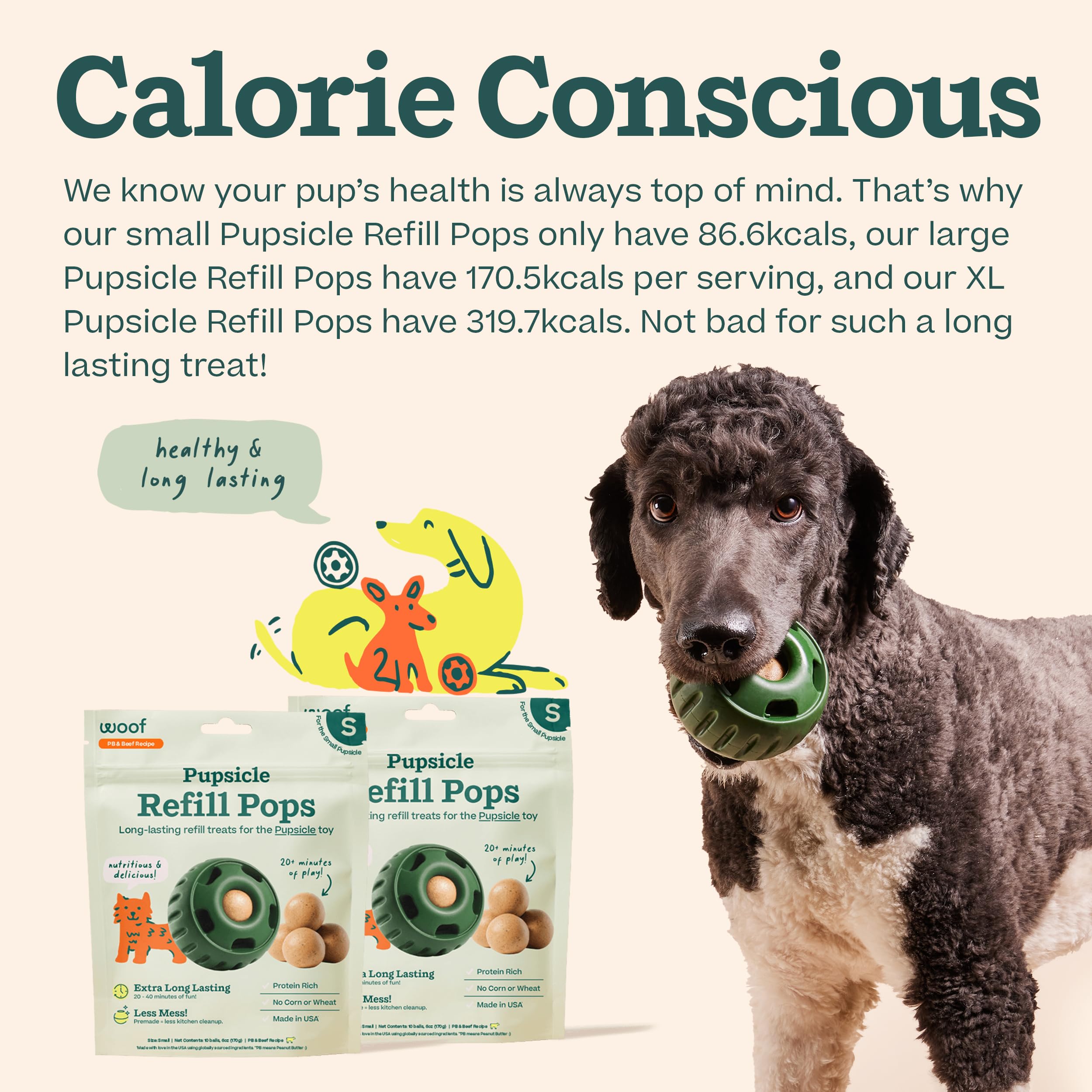 WOOF ingredientes principales mostrados: mantequilla de cacahuate y res con transparencia