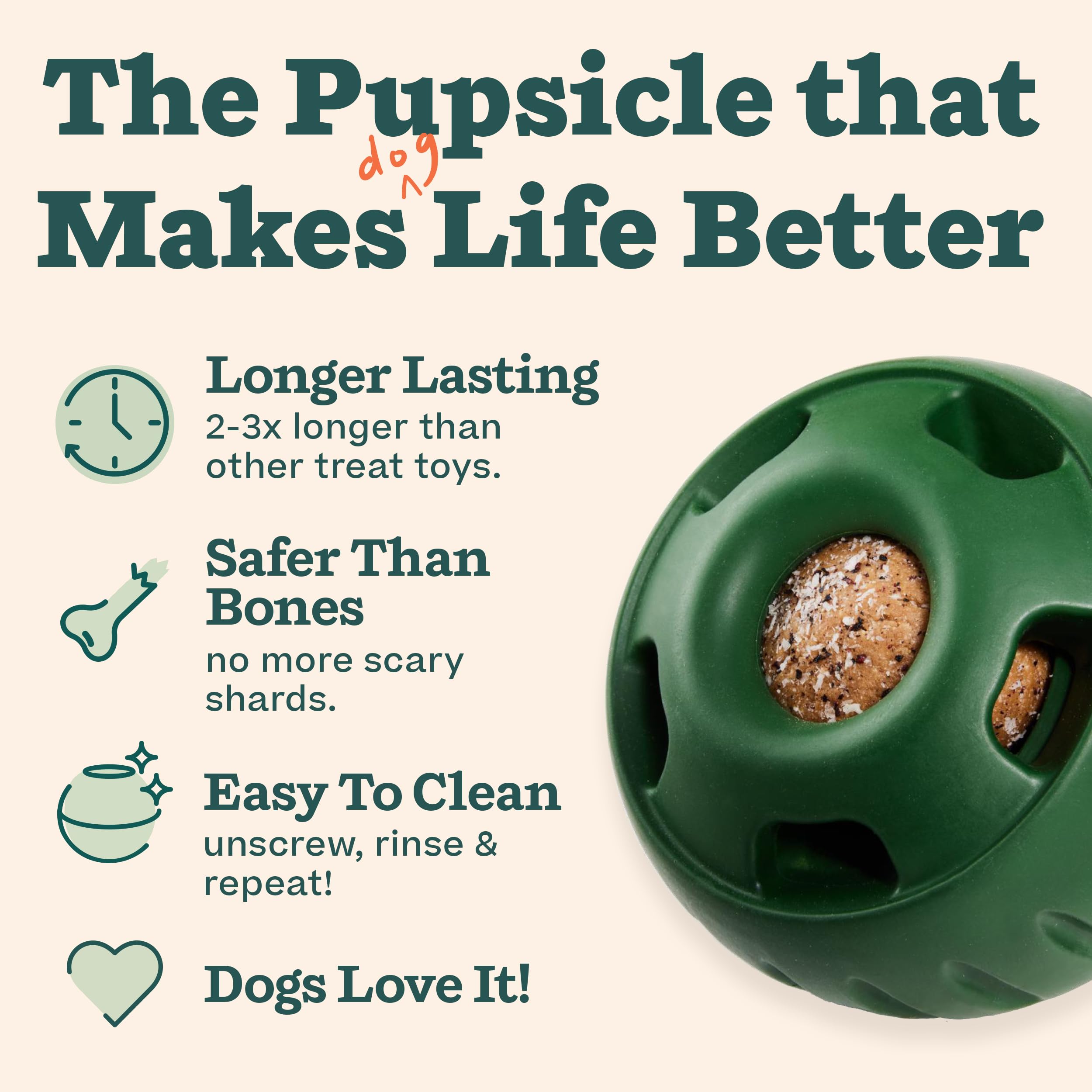 WOOF juguete Pupsicle abierto muestra relleno y facilidad de limpieza