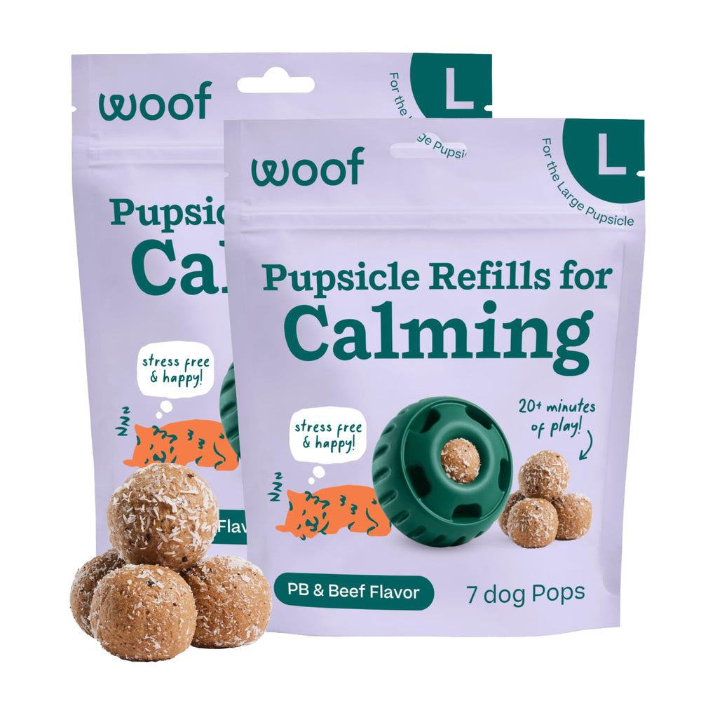 WOOF recarga mostrando empaque frontal y beneficios calmantes