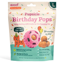 WOOF empaque frontal mostrando Refill Pops listo para usar y práctica conveniencia