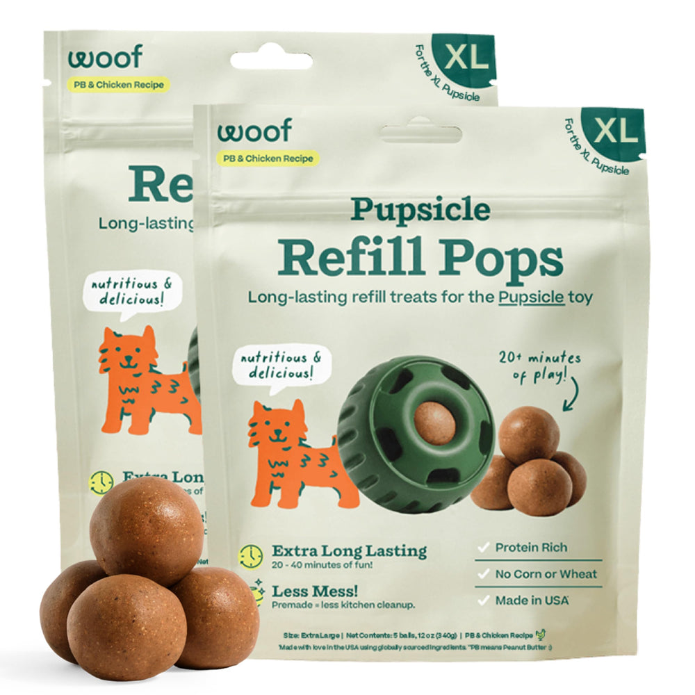 WOOF paquete frontal de Pupsicle Refill Pops XL mostrando el embalaje listo