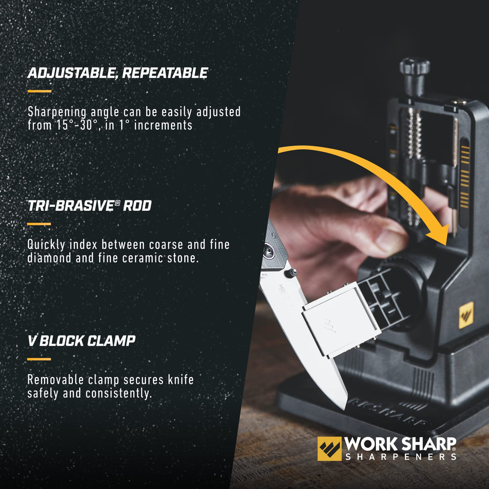 WORK SHARP afilador en uso con cuchillo de cocina, afilado guiado y eficiente