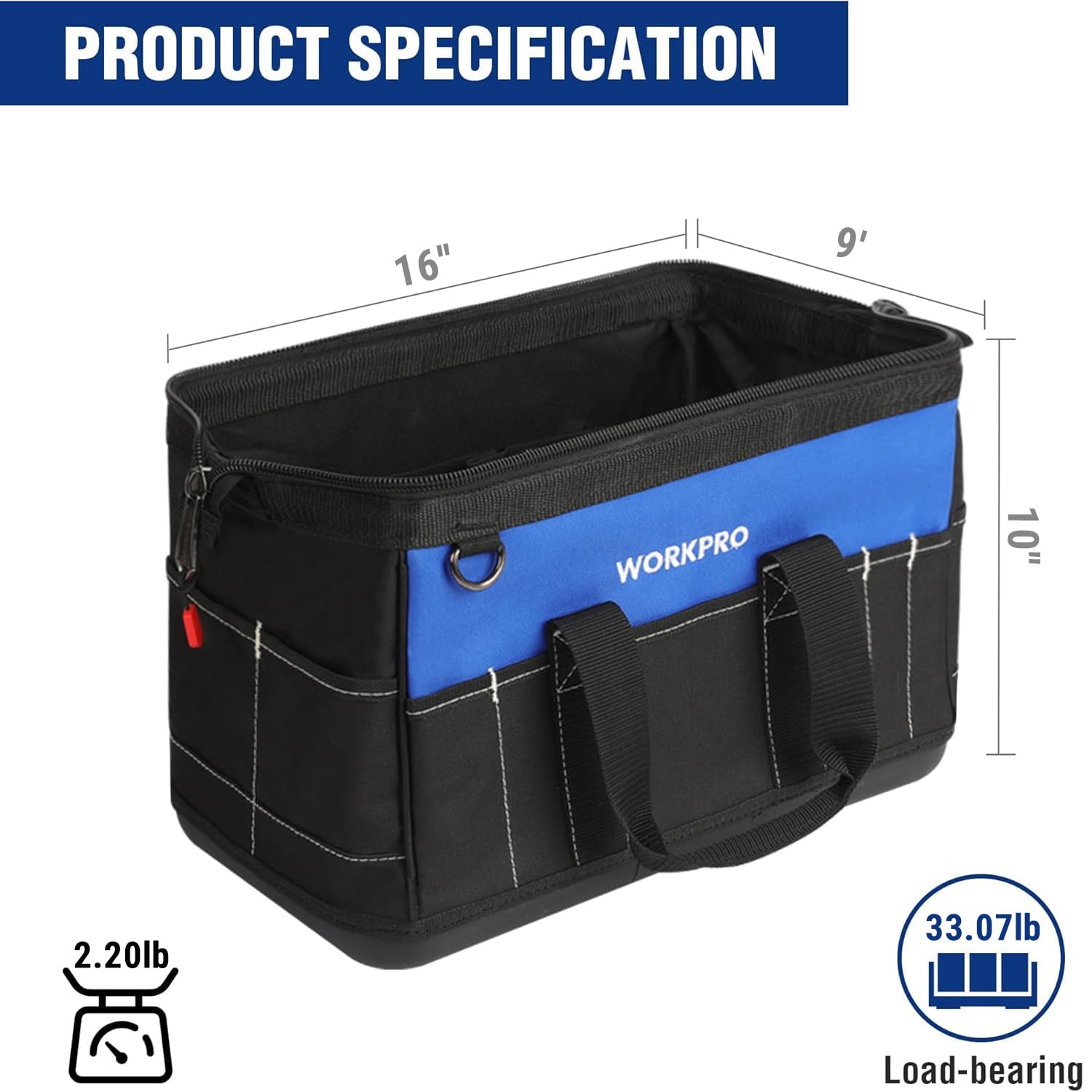 WORKPRO detalle de la base moldeada impermeable protegiendo herramientas