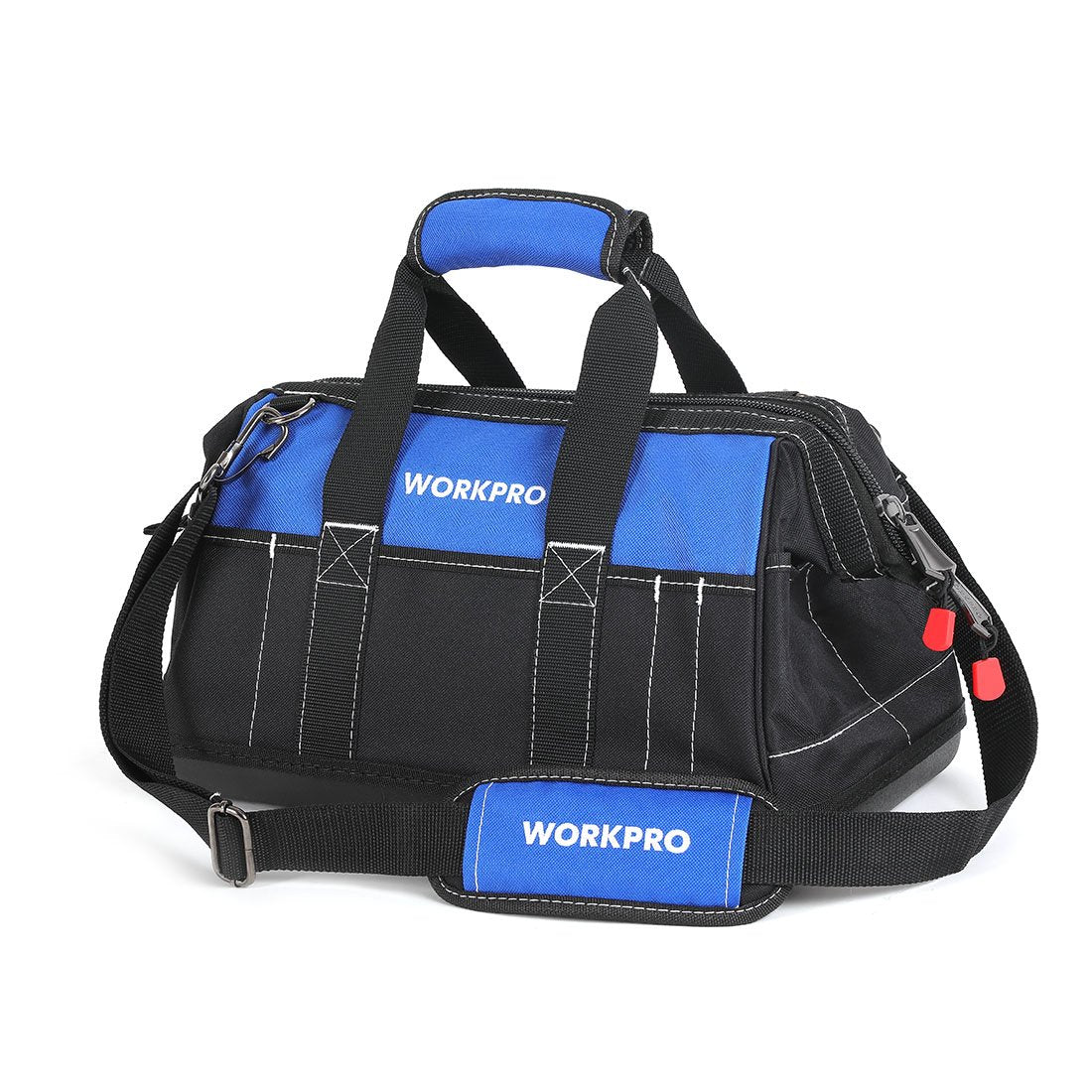 WORKPRO vista frontal de la bolsa 16" mostrando la boca ancha y organización