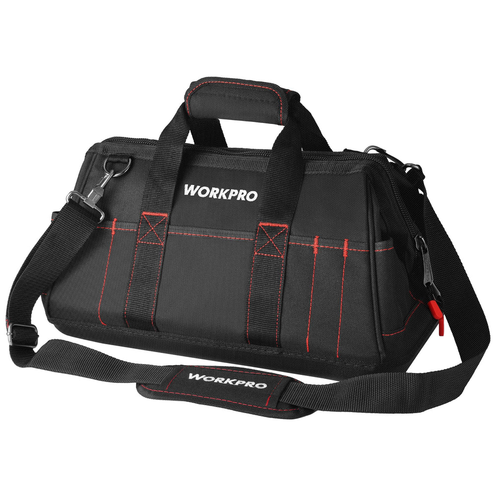 WORKPRO vista frontal de la bolsa portaherramientas mostrando capacidad y cierre