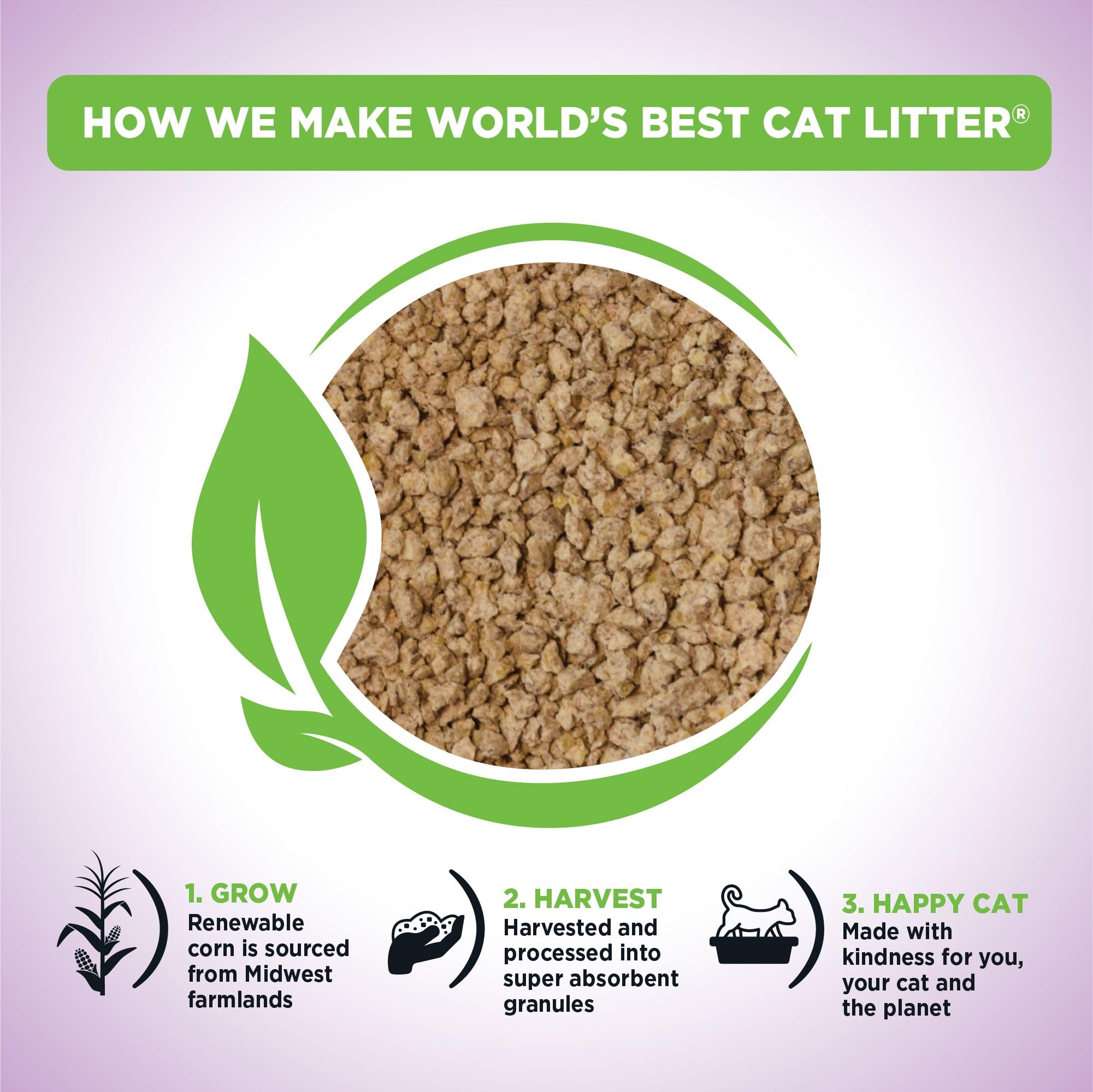 World's Best Cat Litter textura granulada de maíz absorción rápida visible