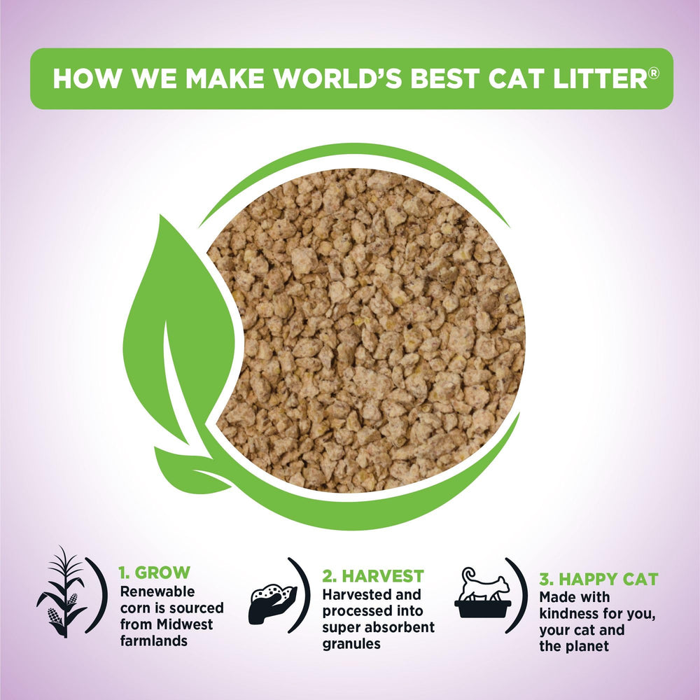 World's Best Cat Litter textura granulada de maíz absorción rápida visible