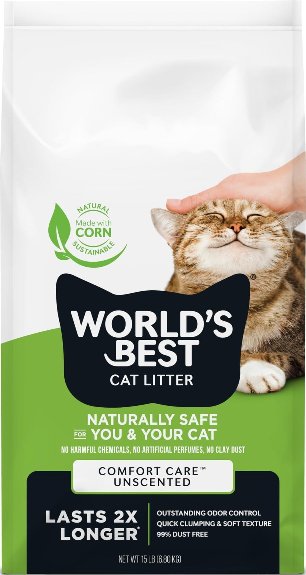 World's Best Cat Litter bolsa frontal 15 lb mostrando diseño y beneficio ahorro