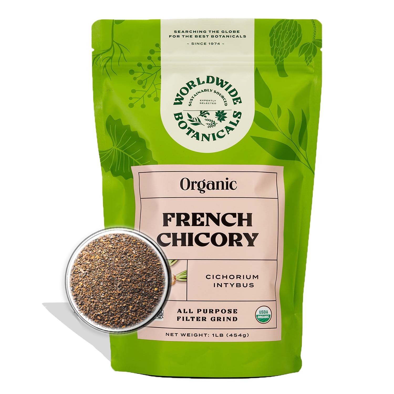 Worldwide Botanicals empaque frontal de chicoria muestra certificaciones y beneficios