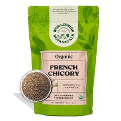 Worldwide Botanicals empaque frontal de chicoria muestra certificaciones y beneficios