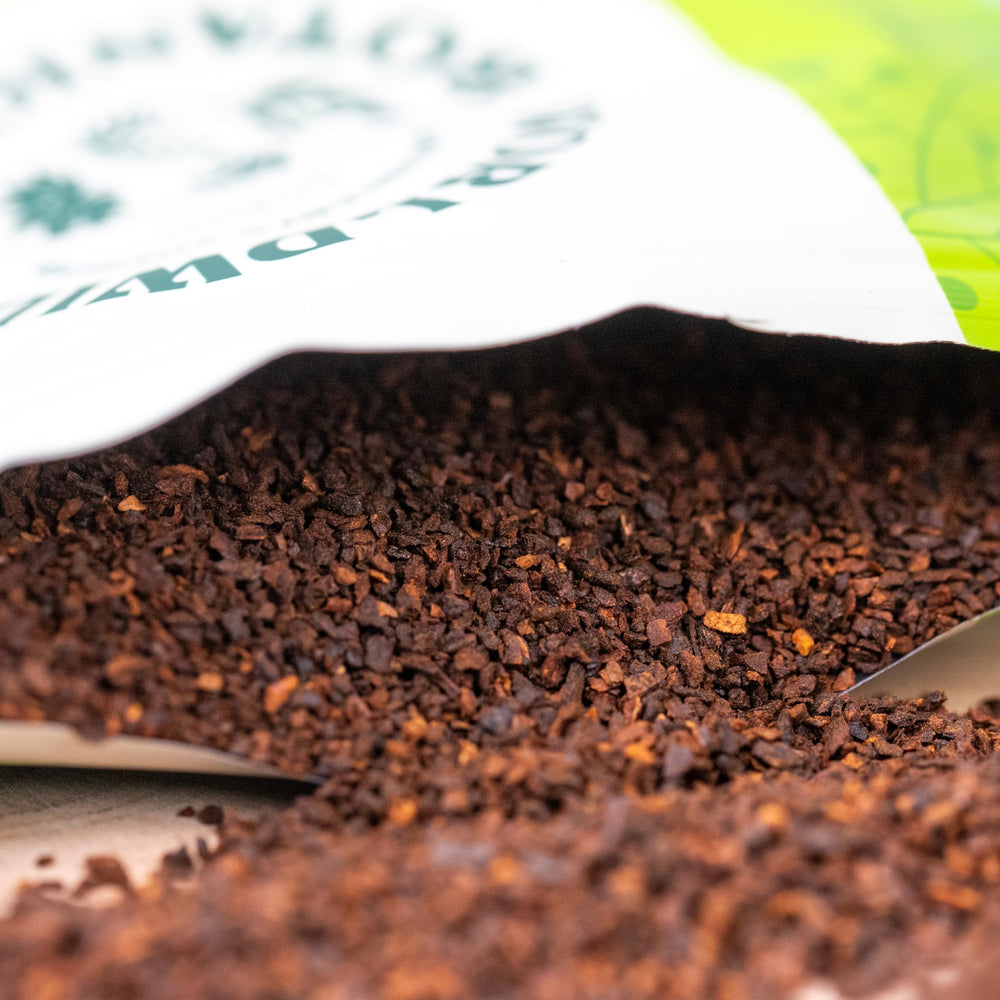 Worldwide Botanicals mano midiendo cucharada de chicoria para una preparación precisa