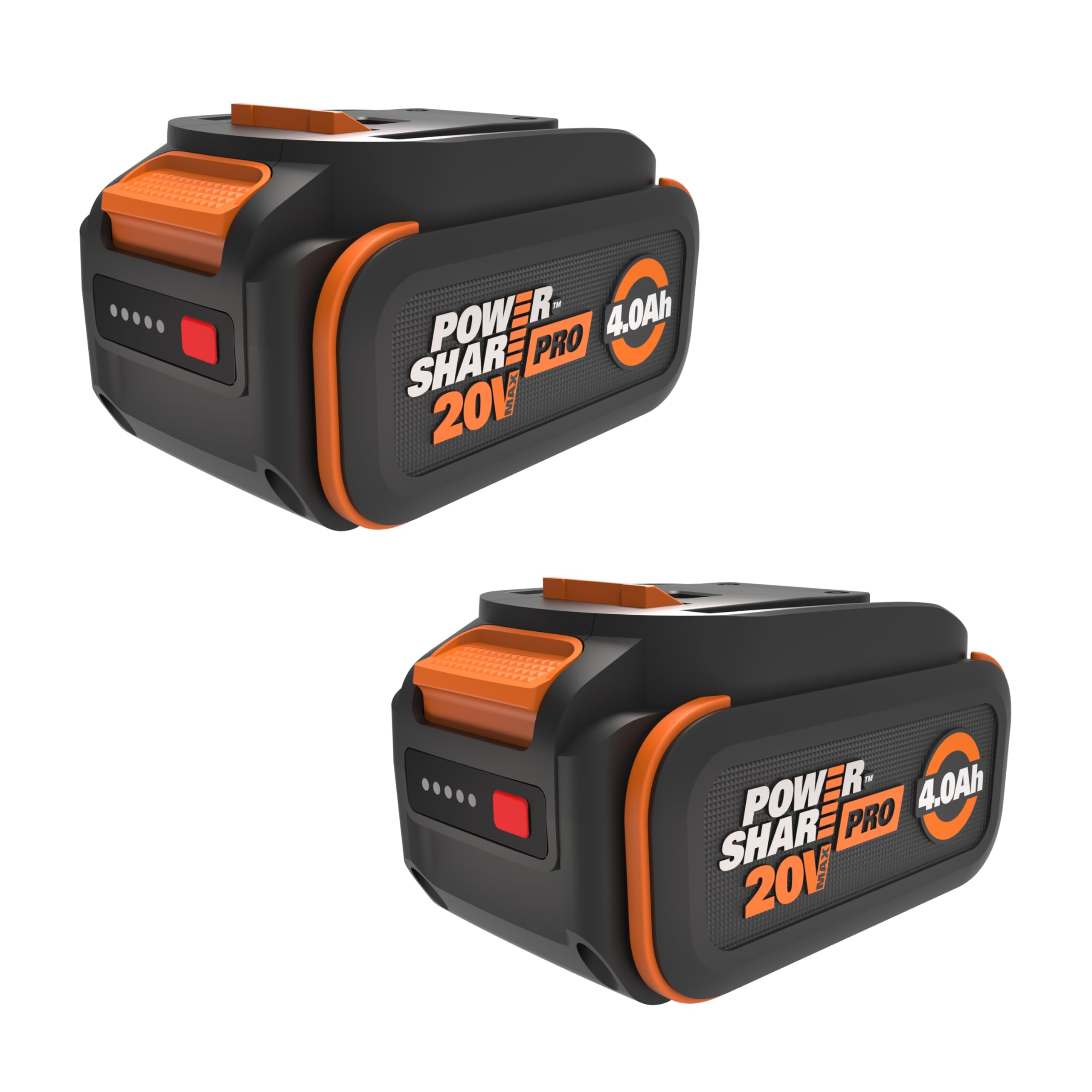 WORX batería 20V vista frontal con indicador de carga, más autonomía