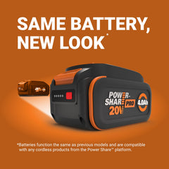 WORX paquete de baterías instalado en podadora, mayor tiempo de trabajo
