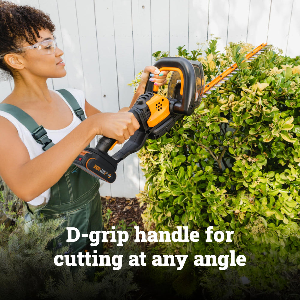 WORX trimmer next to 20V battery showing compact scale and PowerShare reuse