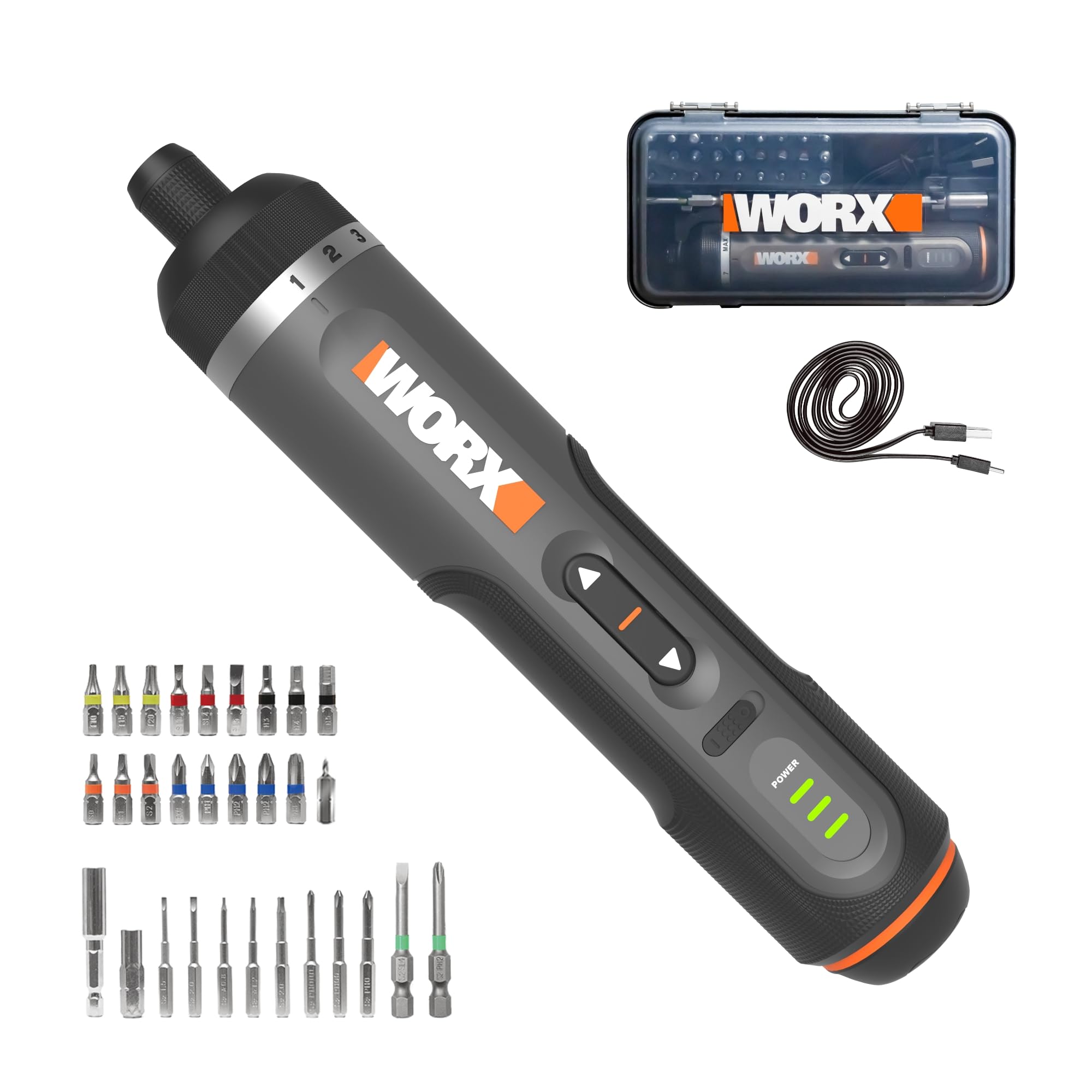 WORX vista frontal con kit 30 piezas y maletín organizador, práctico y portátil