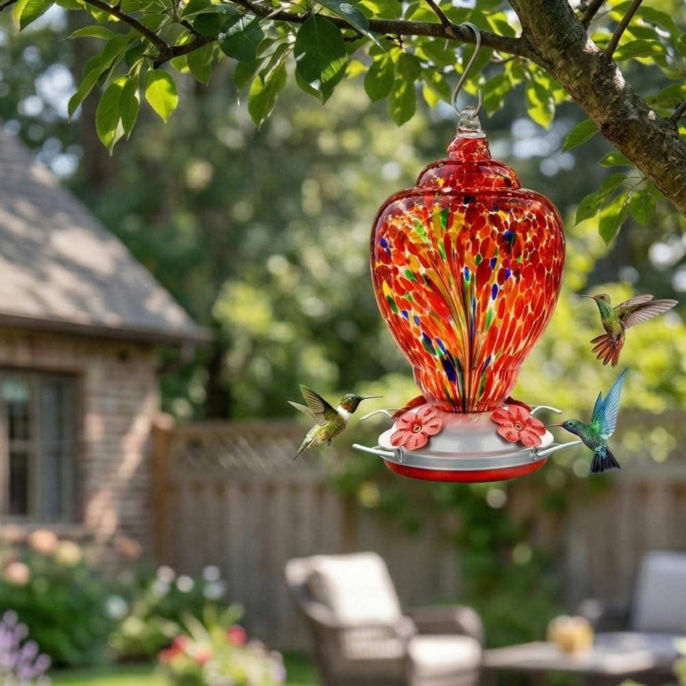 WOSIBO feeder in backyard scene near flowers attracting hummingbirds