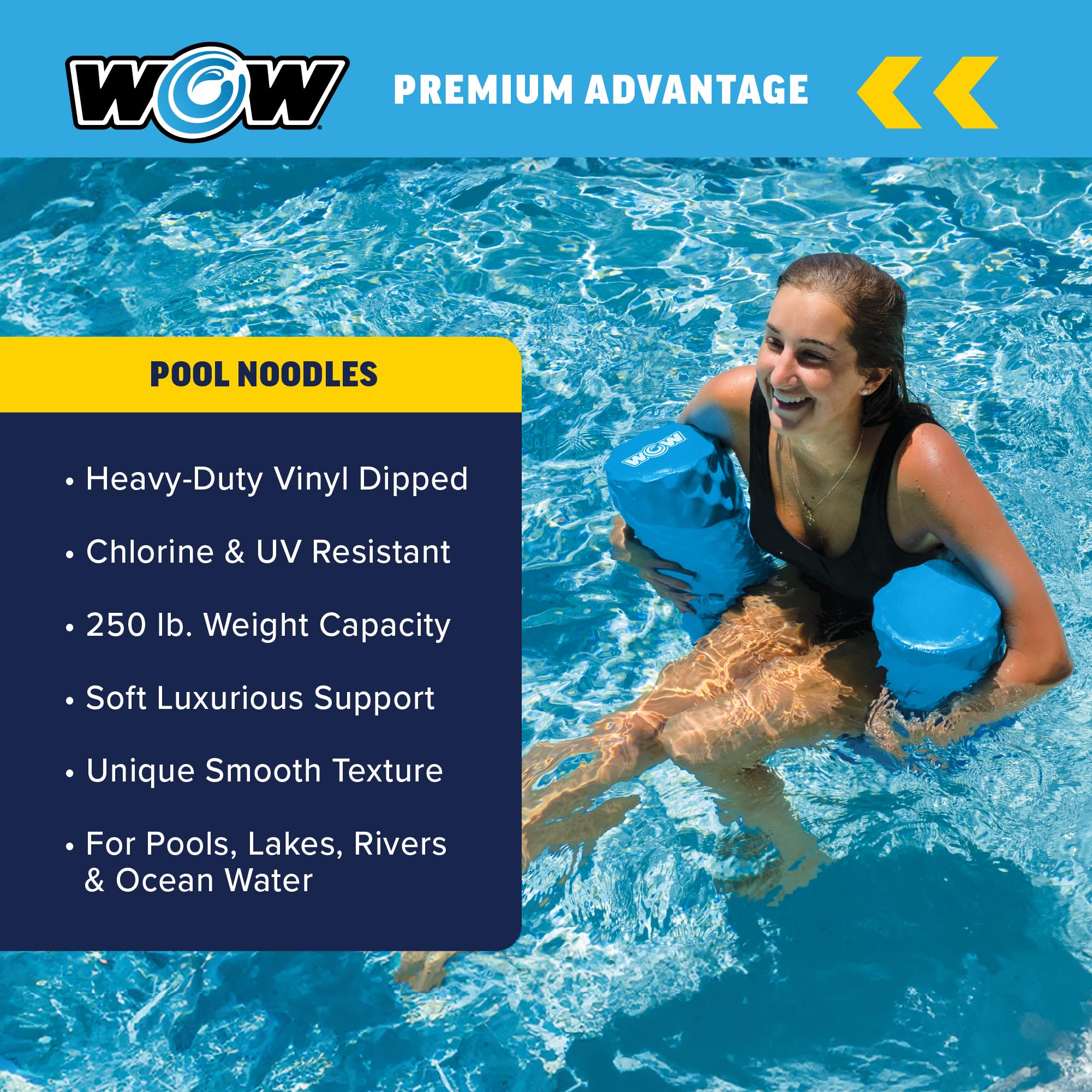WOW Sports etiqueta con dimensiones y garantía resaltando especificaciones