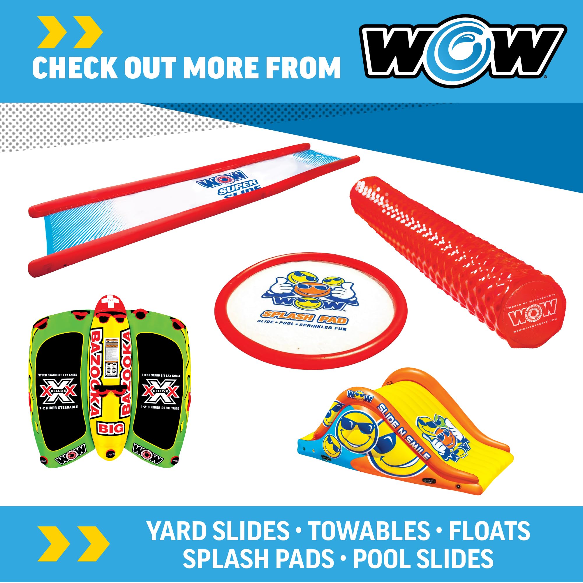 WOW Sports noodle en escena familiar de piscina destacando uso recreativo seguro