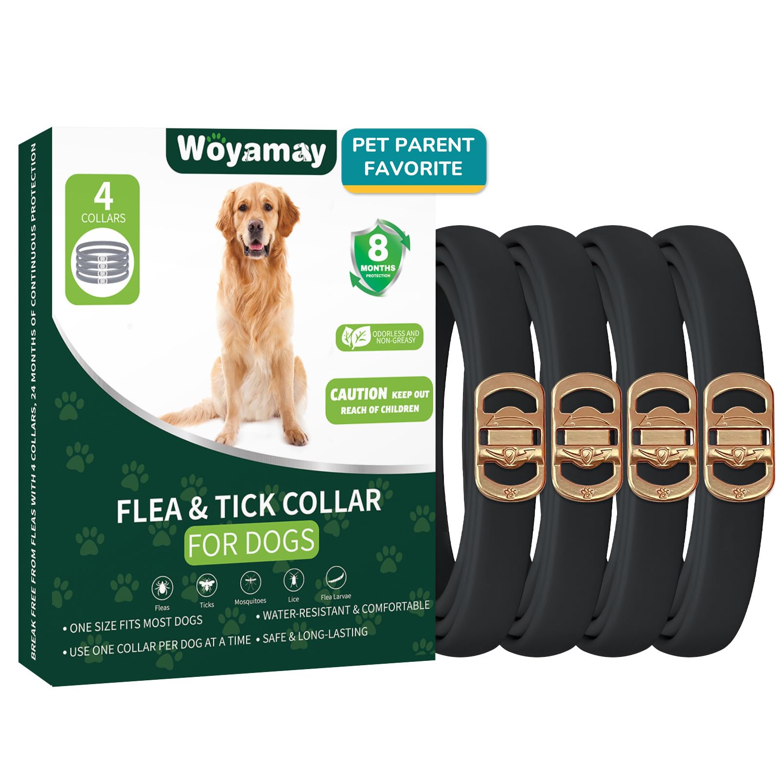 Woyamay collar antipulgas pack de 4 vista frontal mostrando presentación y cantidad