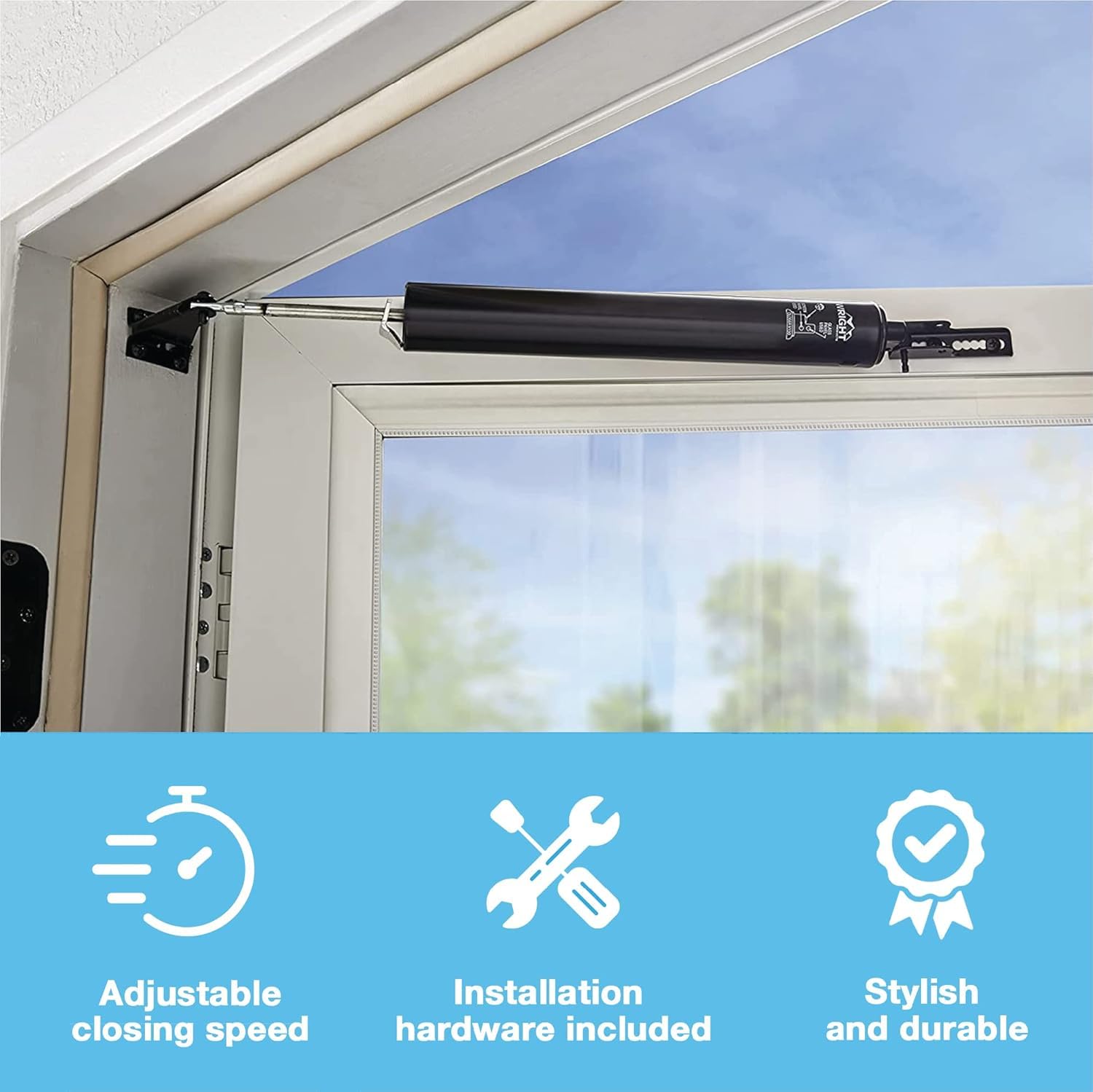 Wright Products detalle del retenedor integrado para mantener la puerta abierta fácilmente
